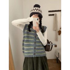 批发韩系撞色条纹针织开衫女2026秋季新款百搭慵懒风纽扣马甲叠穿背心