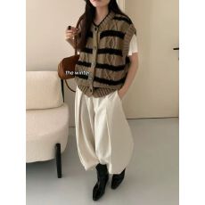 批发韩系慵懒风撞色条纹针织马甲女秋季宽松百搭圆领毛衣背心坎肩上衣