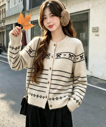 공정한 섬 나비 매듭 자카드 오픈 가디건 여성 라운드 넥 나무 버클 부드러운 찹쌀 스트라이프 루즈핏 부드러운 니트 재킷