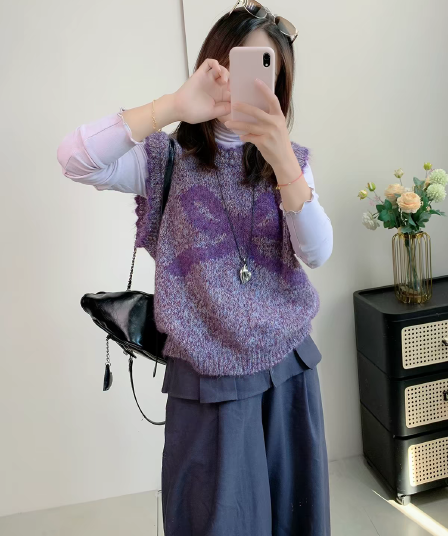 한 부서 나비 매듭 파란색 꽃 실 부드러운 찹쌀 스웨터 조끼 여성 루즈핏 봄 가을 스택 착용 부드러운 찹쌀 니트 베스트 맨위