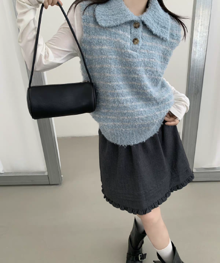 한 부서 POLO 칼라 스트라이프 루즈핏 니트 조끼 여성 가을 새로운 고유 한 아름다운 부서 버클 스택 착용 스웨터 베스트