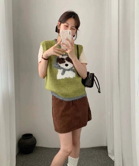 어린애 같은 강아지 자카드 니트 조끼 여자 라운드 넥 배색 리브 밑단 질감 가을 겨울 스택 착용 민소매 조끼