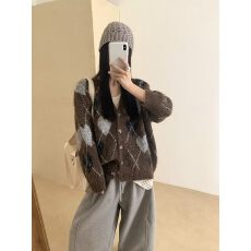 菱格提花长袖针织开衫女秋季韩系复古慵懒宽松外搭设计感毛衣上衣