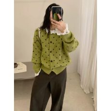 批发韩系复古撞色波点纽扣针织开衫毛衣女2026秋冬新款宽松保暖外套潮