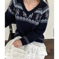 批发费尔岛V领毛衣女套头慵懒风宽松2026<b class='q'>秋</b>季韩系复古提花针织衫上衣