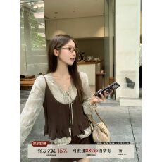 批发乌77秋日氛围感两件套女款木耳边<b class='q'>V领</b>系带长袖荷叶边吊带马甲套装