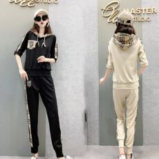 批发欧洲站夏季新款2025时尚气质拼接连帽卫衣<b class='q'>小脚裤</b><b class='q'>大码</b>胖妹妹两件套