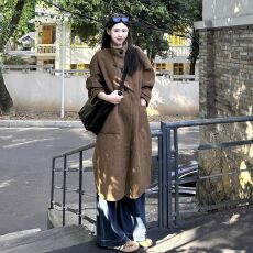 批发韩系复古牛角扣<b class='q'>中长款</b>呢子大衣女秋冬新款小个子宽松立领毛呢外套