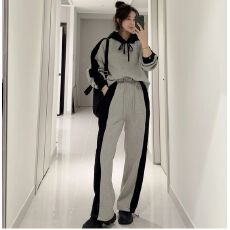 批发加绒<b class='q'>韩国</b>chic秋冬气质宽松撞色长袖连帽<b class='q'>卫衣</b>+高腰休闲裤长裤套装