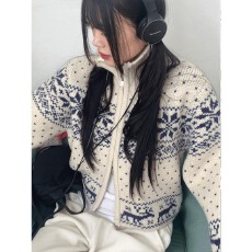 批发韩国东大门2025年秋冬净色雪花<b class='q'>甜美</b>百搭宽松减龄拉链款毛衣开衫女