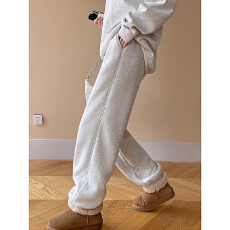 批发白灰色加厚绒束脚<b class='q'>运动裤</b>女装冬季新款小个子保暖棉裤宽松