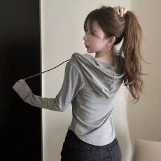 批发德绒罗纹灰色扣子连帽卫衣<b class='q'>女款</b>春秋大码打底衫胖妹妹遮肚子上衣