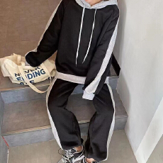 批发韩国chic2025秋<b class='q'>冬</b>新品拼色松紧腰加绒休闲卫裤+时尚上衣两件套装