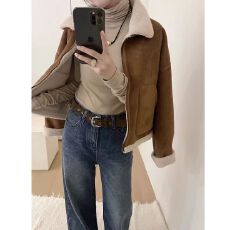 批发新款欧货高级感皮毛一体羊羔毛外套女秋冬加厚翻领<b class='q'>机车</b>服夹克上衣