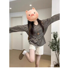 慵懒风条纹大领口U领长袖T恤