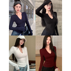 批发纯欲风半开领长袖<b class='q'>T</b><b class='q'>恤</b>女修身纯色上衣