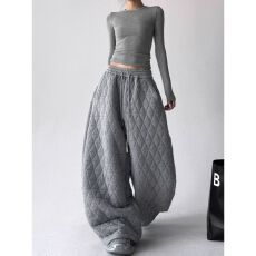 批发2025秋冬新款菱格棉裤女外穿时尚加厚防寒裤阔腿直筒休闲裤