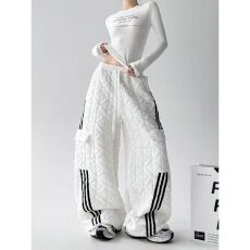 批发韩版菱格夹棉休闲裤女2025秋冬新款百搭宽松松紧腰阔腿裤