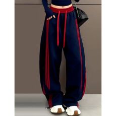 批发美式复古条纹运动裤女2025<b class='q'>秋</b>季新款宽松休闲卫裤垂感阔腿工装裤潮