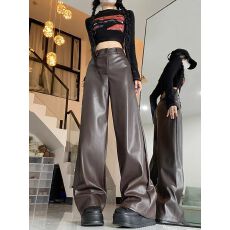 批发美式复古高级感PU皮休闲裤女<b class='q'>秋</b>冬高腰显瘦皮裤阔腿裤拖地长裤子潮