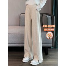 批发人字纹加绒2025裤女<b class='q'>秋</b>冬新款毛呢开叉裤子直筒加厚香蕉筒裤休闲