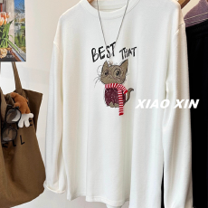 批发超萌眼镜猫咪立体围巾卡通印花中长款德绒<b class='q'>长袖</b><b class='q'>T</b><b class='q'>恤</b>女百搭宽松打底