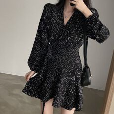 批发黑色圆点<b class='q'>波点</b>碎花长袖<b class='q'>连衣裙</b>子女秋季2025新款茶歇法式赫本风秋装