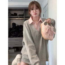 批发韩国chic秋季新款美式衬衫领拼接撞色假两件<b class='q'>卫衣</b>女宽松长袖外套潮