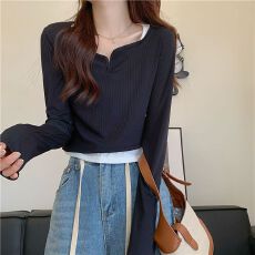 批发【240克高弹螺纹】假两件拼色桃心领春秋内搭打底衫短款长袖t恤女