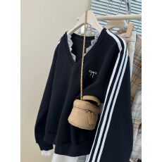 批发设计感蕾丝拼接V领套头<b class='q'>卫衣</b>女春秋季薄款宽松条纹长袖上衣外套潮