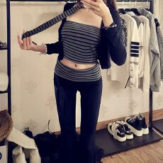 批发【四件套】女同款辣妹设计感长袖开衫条纹抹胸背心微喇裤套装