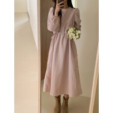 批发韩国chic春秋季复古慵懒风圆领抽绳系带优雅收腰甜美宽松<b class='q'>连衣裙</b>
