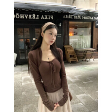 螺纹德绒方领系带长袖打底衫女修身短款上衣