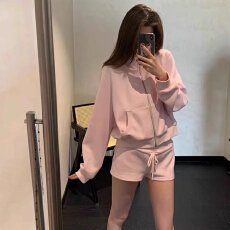 批发休闲粉色印花卫衣外套高腰<b class='q'>短裤</b><b class='q'>运动</b>套装