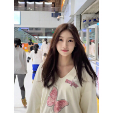 官图连帽卫衣女款宽松慵懒风甜美v领套头