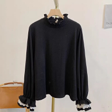 批发大码花苞多巴胺德绒磨毛双层袖口立领打底衫T恤蕾丝花边长袖上衣