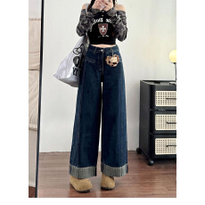 辣妹宽松复古牛仔裤女高腰修身显瘦甜美阔腿九分裤