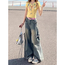 批发春春秋款辣妹宽松高街<b class='q'>牛仔裤</b>女美式个性显瘦直筒阔腿长裤子