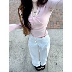 批发<b class='q'>莫代尔</b>260 克 粉色V领长袖内搭<b class='q'>T</b><b class='q'>恤</b>女气质纯欲辣妹打底衫