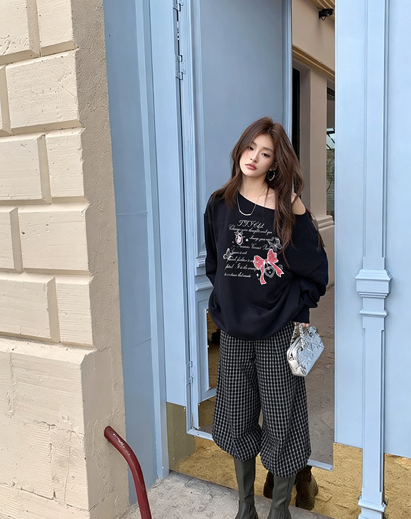 비스듬한 칼라 남자 바 면 봄과 가을 이후 패키지 칼라 색상 내부 및 외부 같은 색상 프린트 긴팔 루즈핏 풀오버 스웨트셔츠 여성