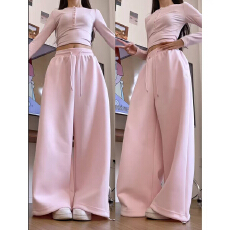 批发温柔甜美风字母刺绣休闲卫<b class='q'>裤</b>抽绳高腰拖地粉色宽松直筒显瘦阔腿<b class='q'>裤</b>