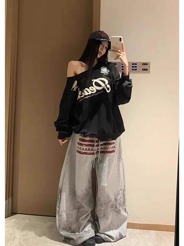 봄과 가을 비스듬한 칼라 남자 바 면 이후 패키지 칼라 알파벳 프린트 긴팔 루즈핏 후드티 맨위 여성