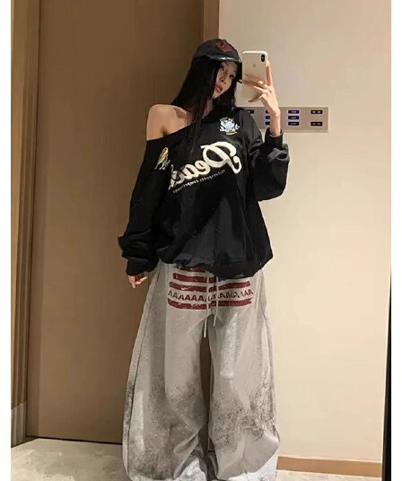 봄과 가을 비스듬한 칼라 남자 바 면 이후 패키지 칼라 알파벳 프린트 긴팔 루즈핏 후드티 맨위 여성