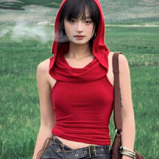 批发人棉<b class='q'>莫代尔</b>1*1随心裁260克美式纯欲辣妹红色无袖连帽t体恤上衣