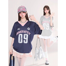 批发字母印花球衣风镂空透气V领短袖T恤女宽松<b class='q'>显瘦</b>上衣