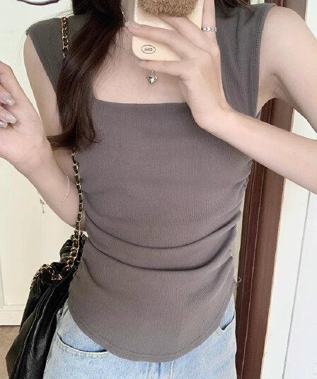 40 순면 95 면 5 암모니아 Lun 오프숄더 광장 칼라 티셔츠 여성 여름 프랑스식 심장 기계 작은 대중 슬림해 보이는 맨위