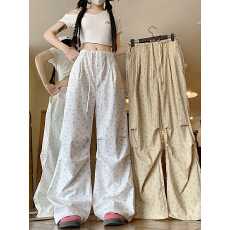批发【实拍】 <b class='q'>碎花</b>工装<b class='q'>裤</b>女夏季高腰宽松休闲阔腿<b class='q'>裤</b><b class='q'>美式</b>复古白色运动