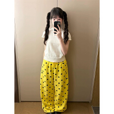 批发黄色波点休闲裤女秋<b class='q'>冬</b>加绒加厚宽松慵懒松弛感直筒裤