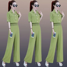 批发新款夏季<b class='q'>运动</b>套装女休闲显瘦时尚修身短款<b class='q'>上衣</b>配直筒阔腿裤两件套