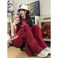 批发美式复古爵士舞<b class='q'>工装裤</b><b class='q'>女</b>高腰休闲套装阔腿裤子红色运动卫裤两件套